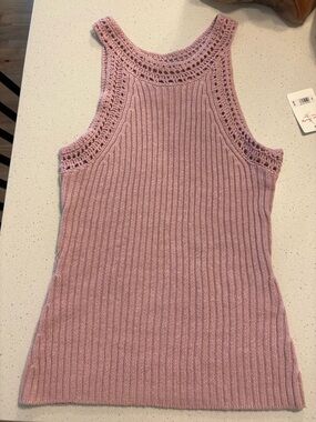 Lucky Brand Ribbed Knit Tank Top with Crochet Trim - Dusty Pink